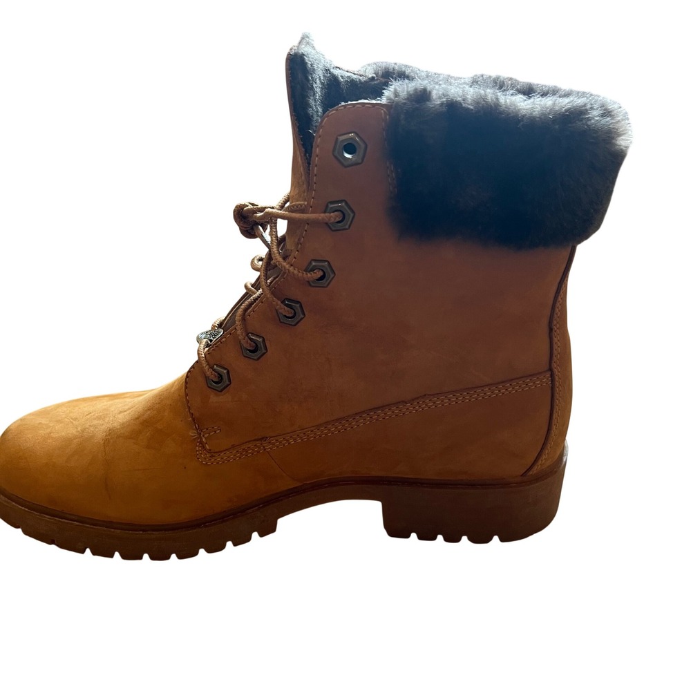 Timberland Wheat Nubuck Leather Faux Fur Trim Lace Up Boots Brown 6 Inch Style - Picture 5 of 12